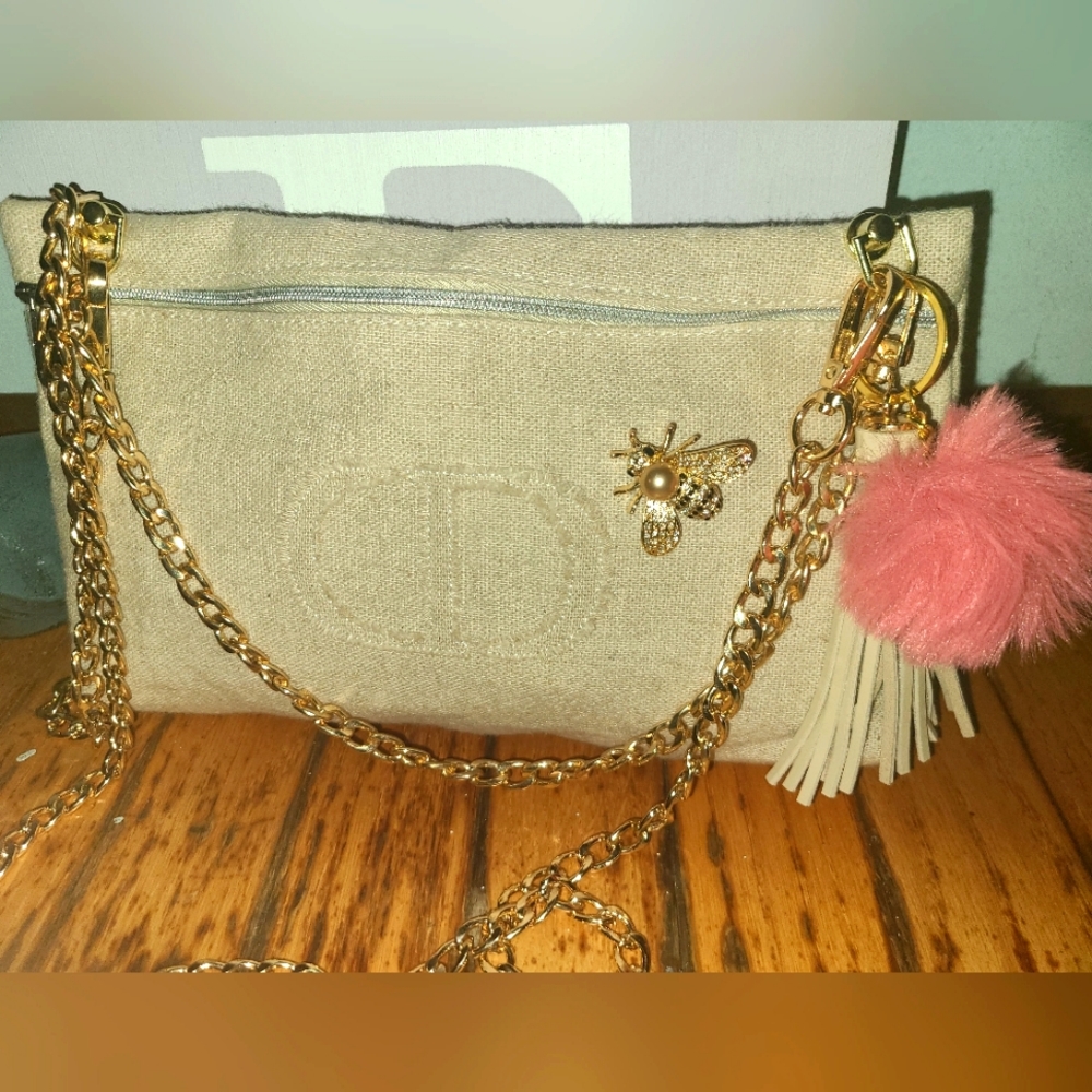 Christian Dior Crossbody Bag Purse Cosmetic Pouch Canvas Tan Gold Pink